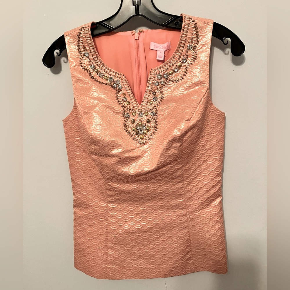Lilly Pulitzer Metallic Scallop Jacquard Sleeveless Embellished Dress Top